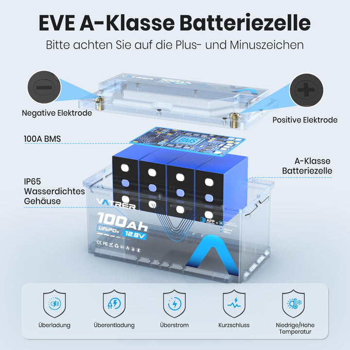 VATRER POWER 12V 100Ah H190 Bluetooth LiFePO4 Batterie mit 188mm Höhe 1280Wh 5000+ Zyklen Lithium Ba
