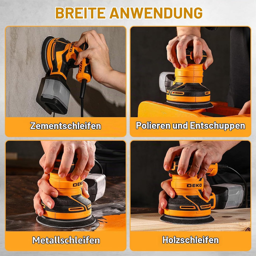 Exzenterschleifer 125mm mit Absaug 300W: DEKOPRO Schleifmaschine für Holz mit 16 Schleifpapieren,3*