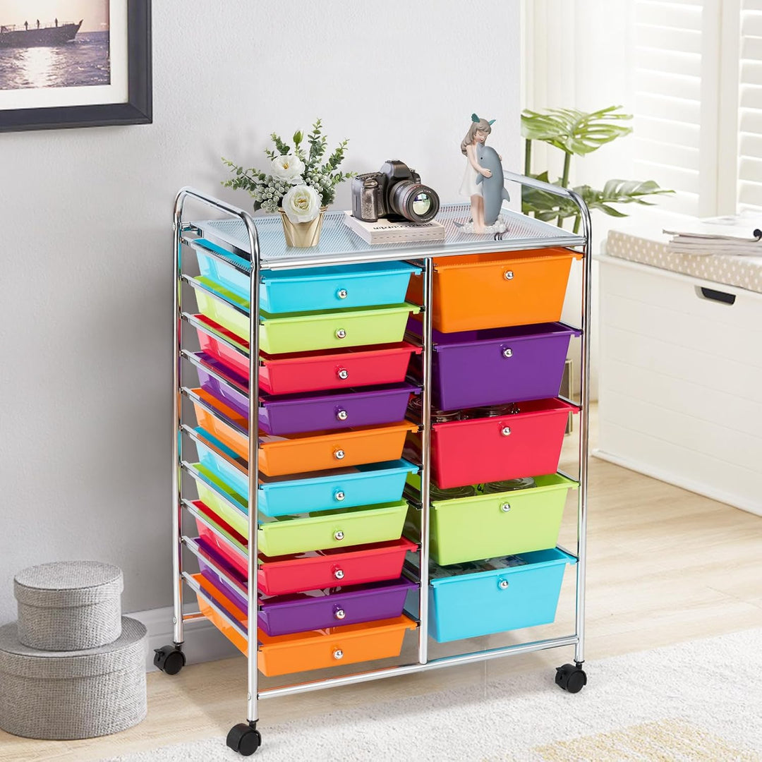 KOMFOTTEU Rollwagen mit 10/15 Schubladen stapelbar, Badrollwagen Rollcontainer mit Metallrahmen, All