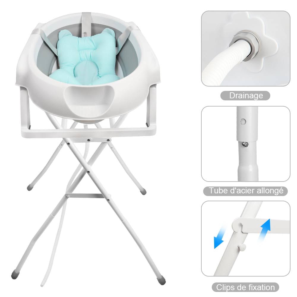 Faltbare Babybadewanne mit Stahlhalterung, ergonomisches Badewannenkissen und Ablaufschlauch – faltb