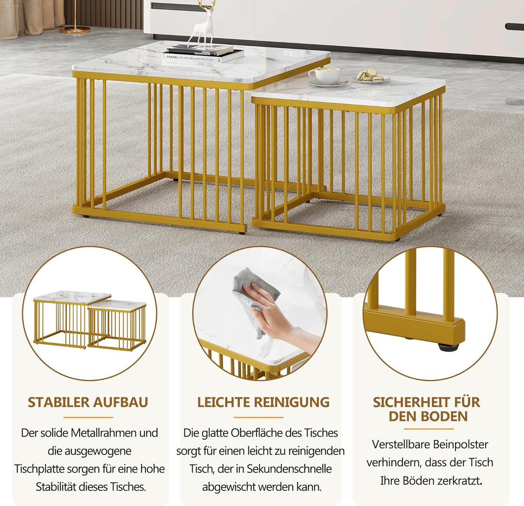 Merax Quadratisch Couchtisch 2er Set, Moderne Wohnzimmertisch mit Marmor Furnier, Hochglanz Satztisc