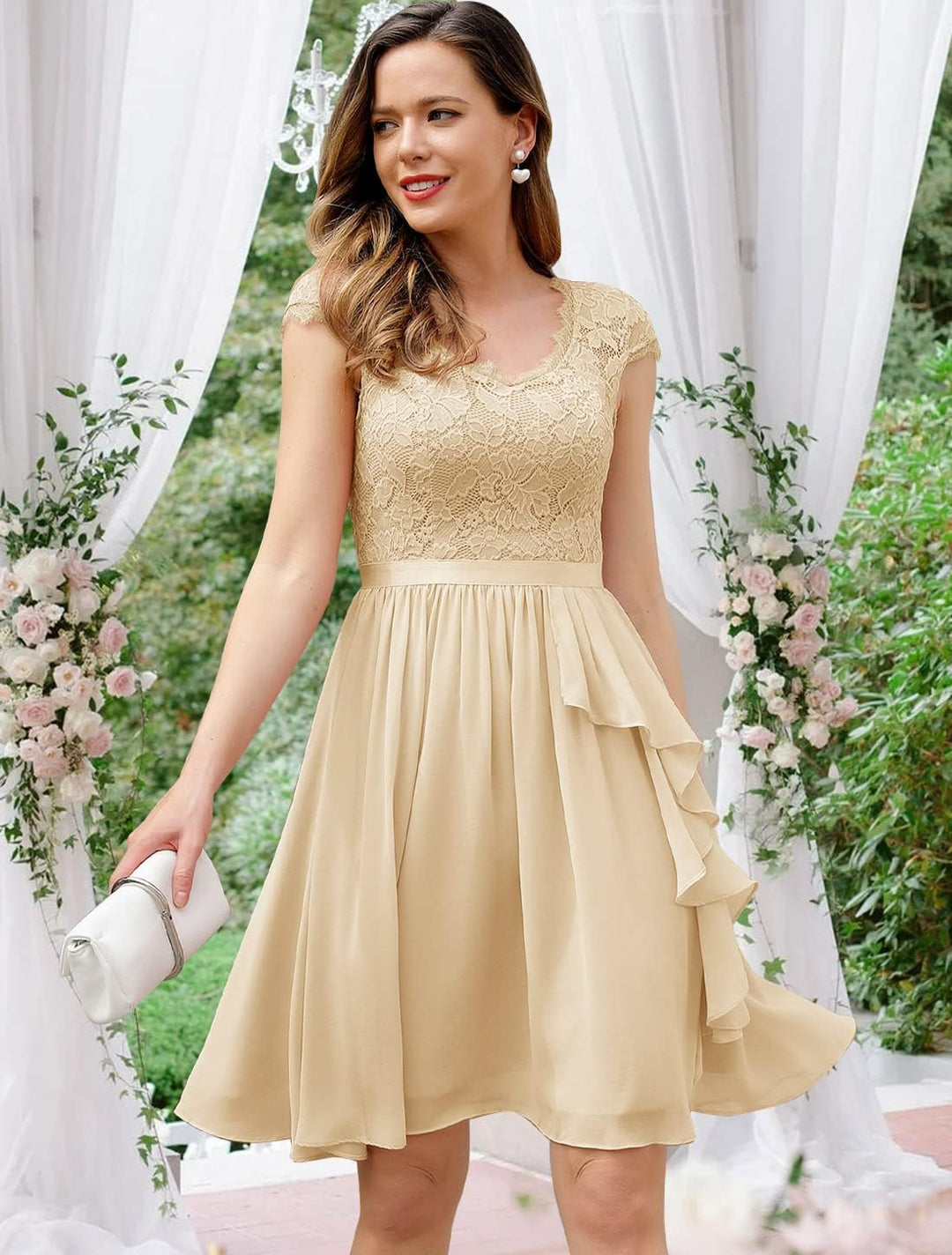 Wedtrend Cocktailkleid Damen Knielang Abendkleid Elegant für Hochzeit Elegant A Linie Rüschenkleid C