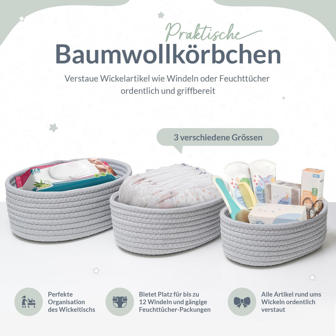 CALDERA® Elegante Körbchen im 3er-Set als Wickeltisch Organizer, perfektes Wickeltisch Zubehör für j