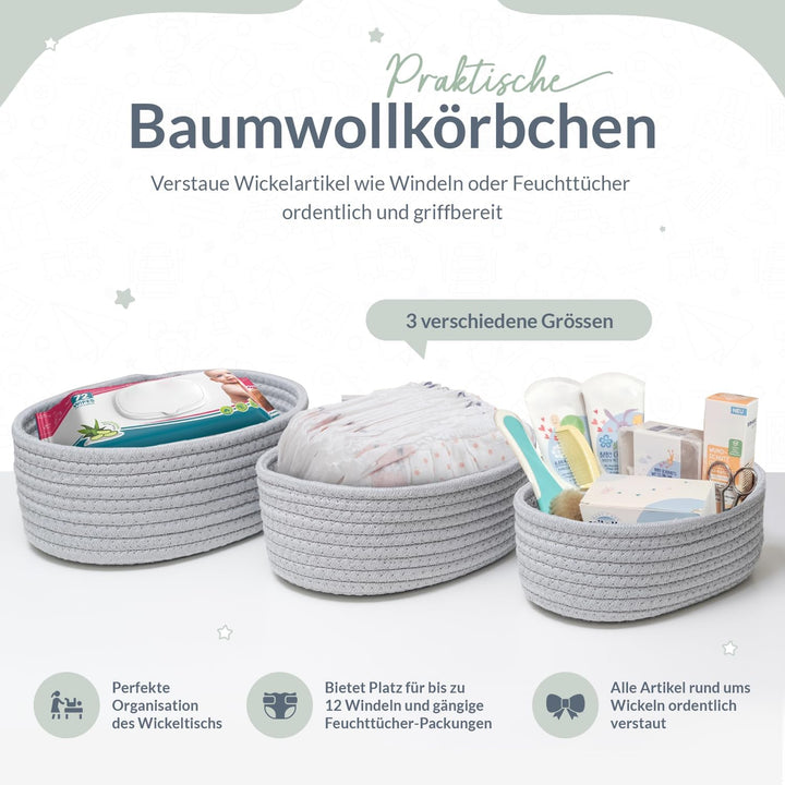 CALDERA® Elegante Körbchen im 3er-Set als Wickeltisch Organizer, perfektes Wickeltisch Zubehör für j