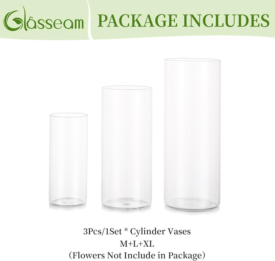 Glasseam Deko Vase Glas Zylinder Tischdeko 3 Stück/Satz Blumen Vasen Set Modern Glasvase Rund Glaszy