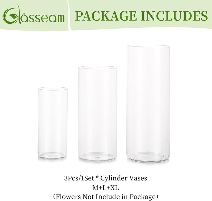 Glasseam Deko Vase Glas Zylinder Tischdeko 3 Stück/Satz Blumen Vasen Set Modern Glasvase Rund Glaszy