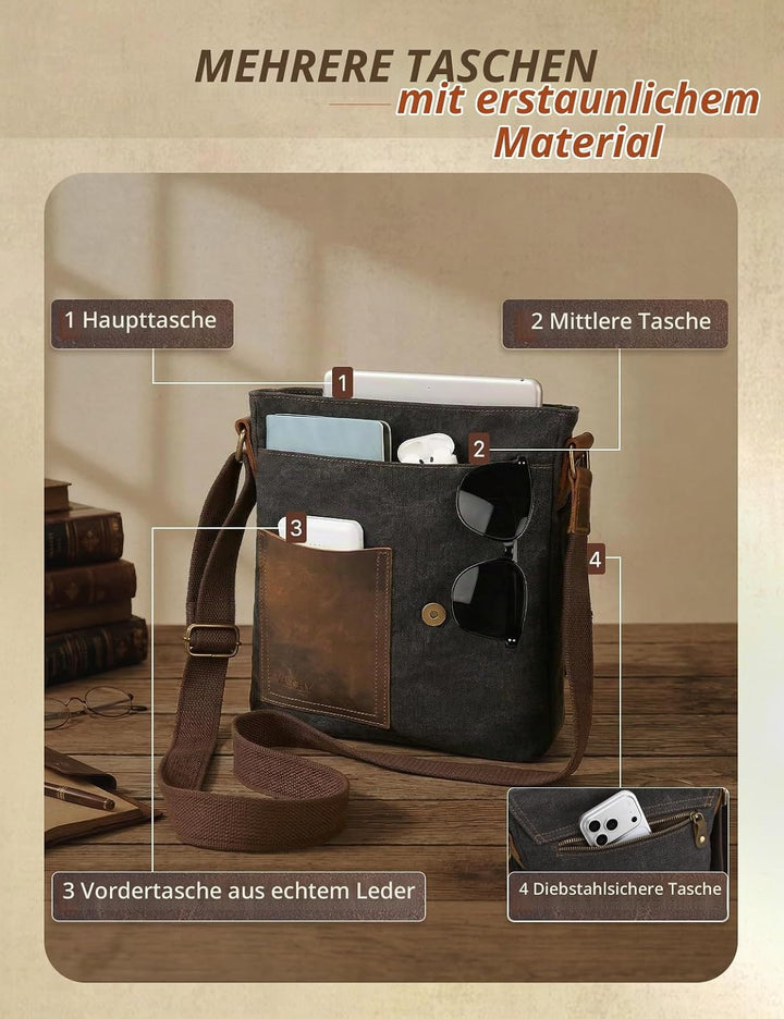VASCHY Klein Umhängetasche Herren, Vintage Leinwand Herrentasche Echtes Leder Schultertasche Klassis