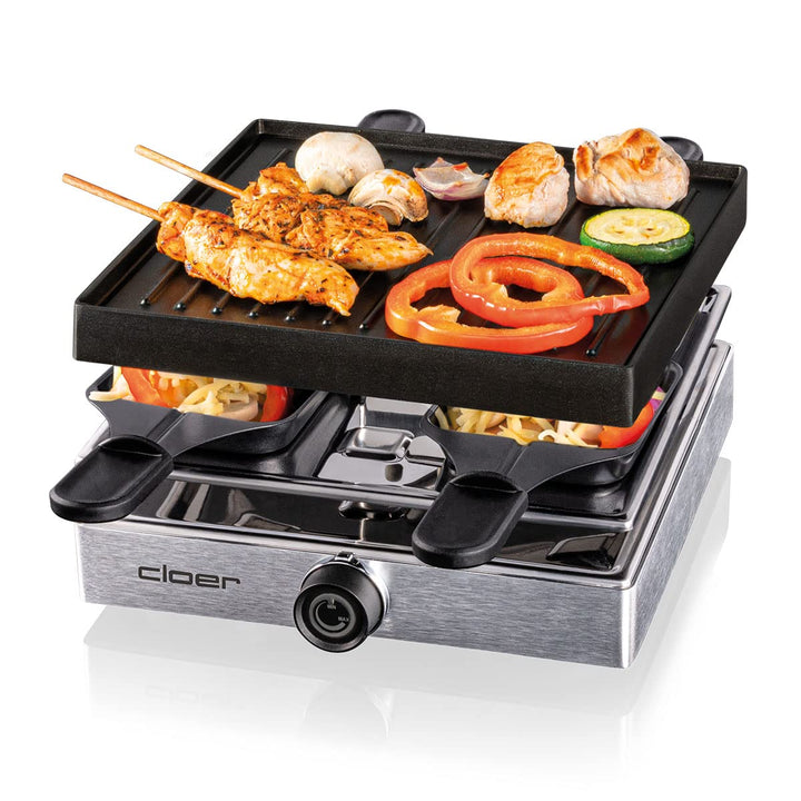 Cloer 6454 Raclettegrill mit Aluminium-Druckguss Platte, 750 W, 4 antihaftbeschichtete Raclettepfänn
