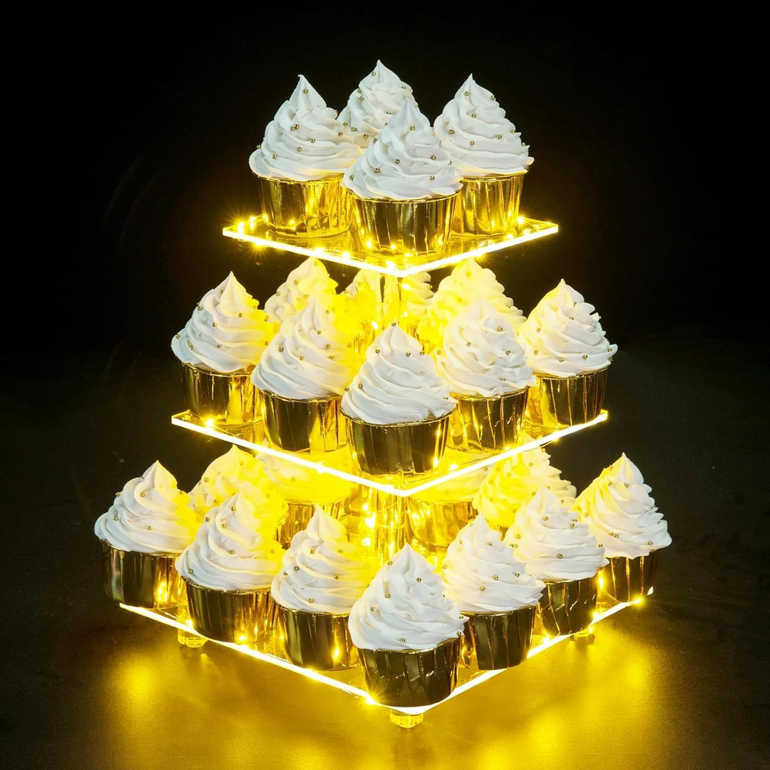 3 Etagen Cupcake Ständer, Gelb LED Lichterkette de Tortenständer Acryl für Hochzeit, Party, Geburtst