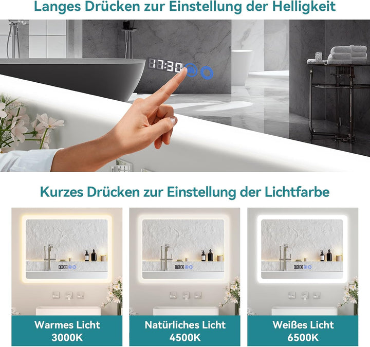 YU YUSING Badspiegel mit Beleuchtung 80x60cm Badezimmerspiegel LED mit 3 Lichtfarben Dimmbar, Beschl
