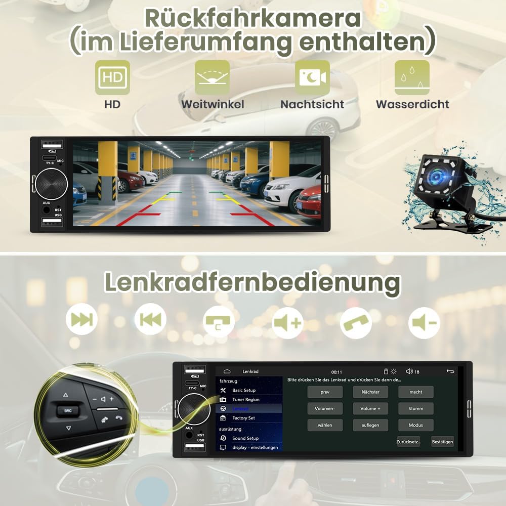 1 DIN Universales Autoradid mit Carplay, Android Auto, 6,28 Zoll | mit Rückfahrkamera, Online Naviga