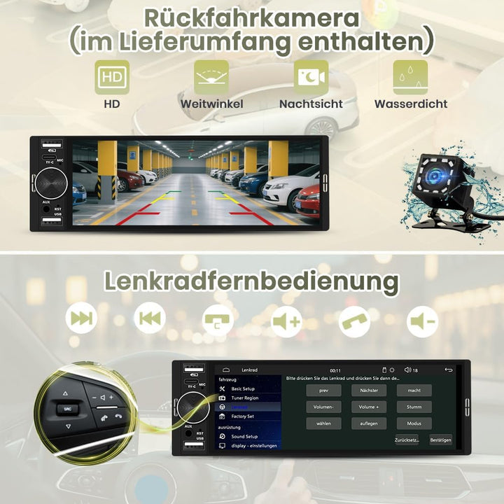 1 DIN Universales Autoradid mit Carplay, Android Auto, 6,28 Zoll | mit Rückfahrkamera, Online Naviga