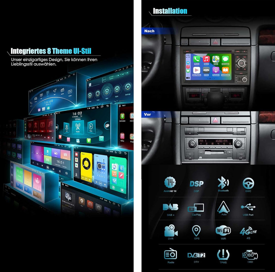 Erisin 7 Zoll 8-Kern Android 14 Autoradio mit GPS Navigation für Audi A4 S4 RS4 B9 B7 SEAT EXEO Unte
