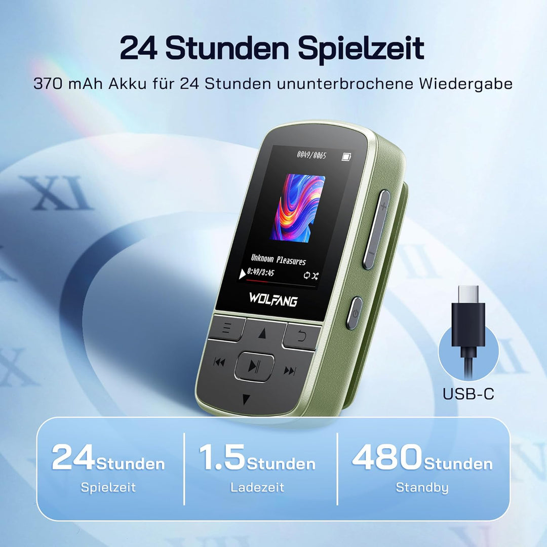 WOLFANG 64 GB MP3-Player mit Bluetooth 5.2, Sportclip, Mini-Grösse, Gewicht 28,3 g, HiF-FM-Radio, Di