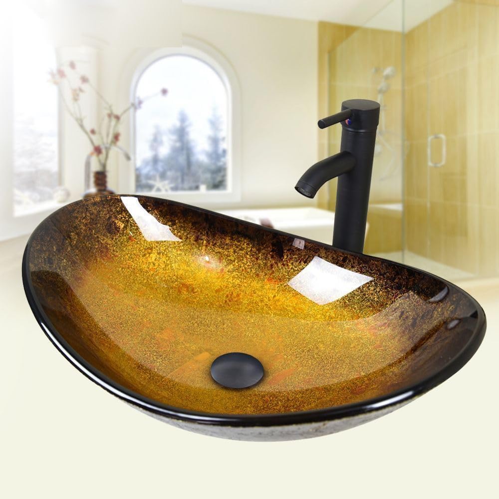 YU YUSING Aufsatzwaschbecken Waschbecken Glas Waschtisch, Oval Hand Waschschale mit Wasserhahn Set,