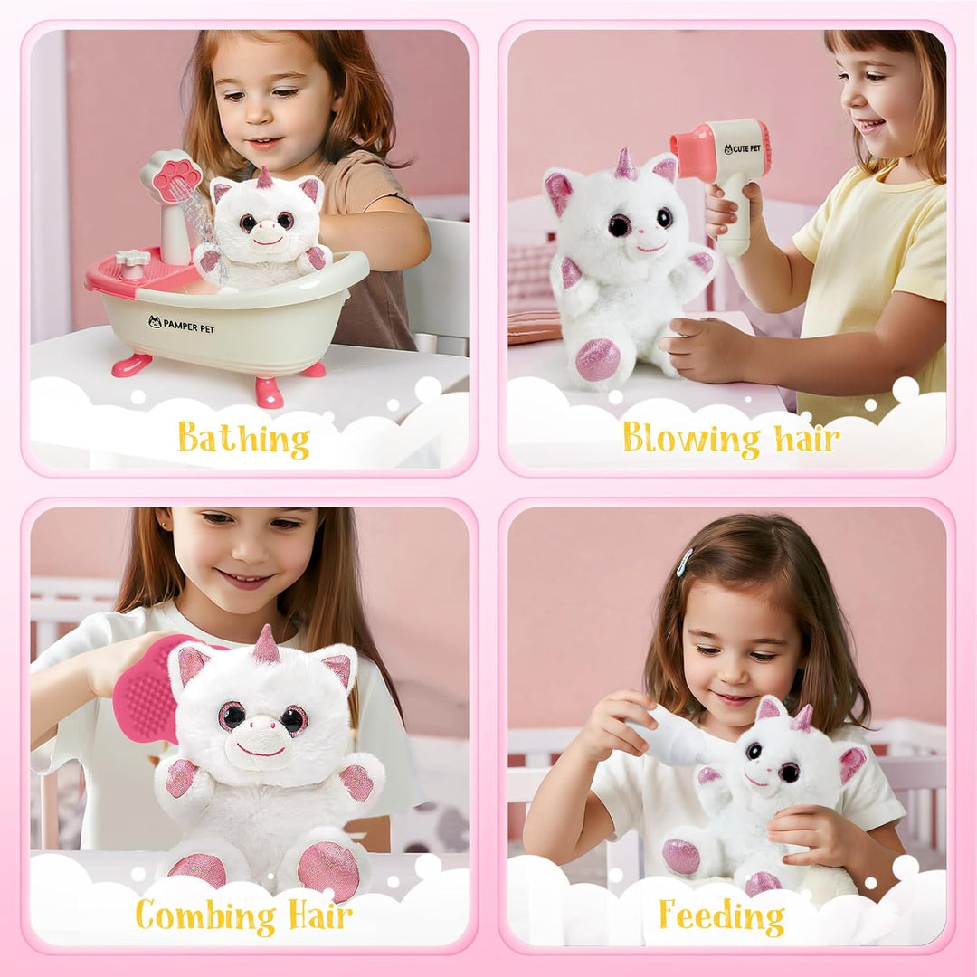 Einhorn Geschenke für Mädchen, Spielzeug Einhorn Kuscheltier mit Drück-Wasser-Badewanne & Waschbaren