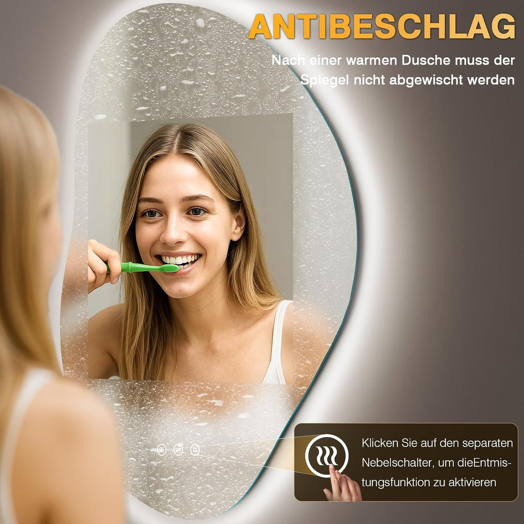 Spiegel mit Beleuchtung Asymmetrischer, LED Badspiegel mit Touch-Schalter, 3 Lichtfarbe, Dimmbar, Be