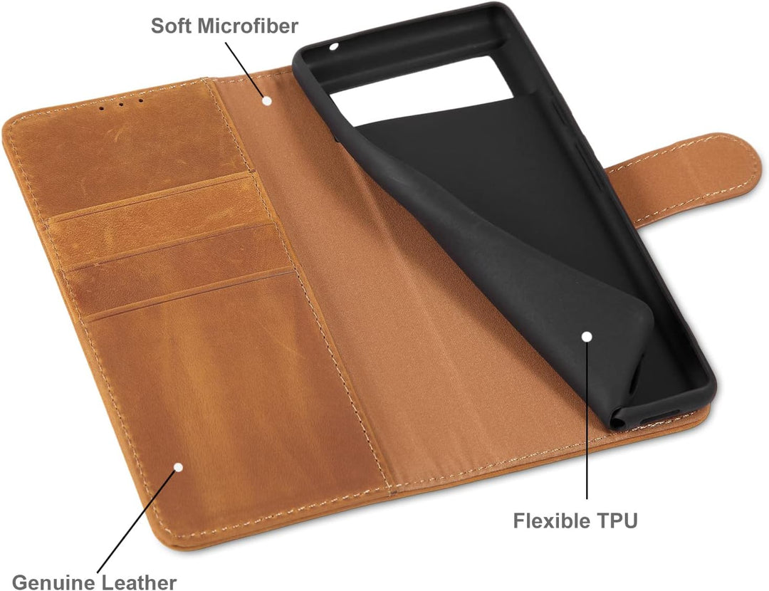 LENSUN Echtleder Hülle für Google Pixel 6 Pro, Handyhülle [Echtes Leder] [RFID] [Magnetverschluss] H