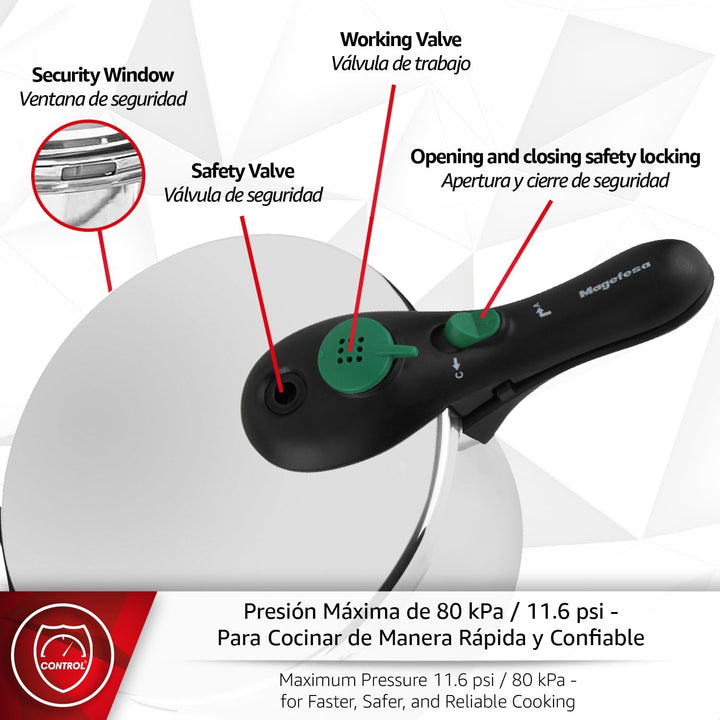 Magefesa DYNAMIC - Schnellkochtopf 5L, Edelstahl 18/10, 5 Sicherheitssysteme, Einfache Bedienung, Fü