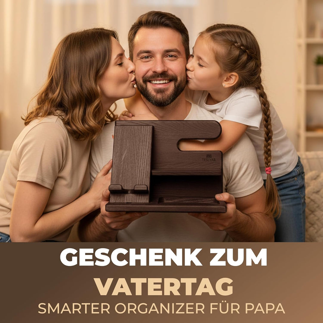 TESLYAR Holz Handyhalter & Dockingstation - Organizer für Brieftasche Schlüssel & Uhr Valentinstag G
