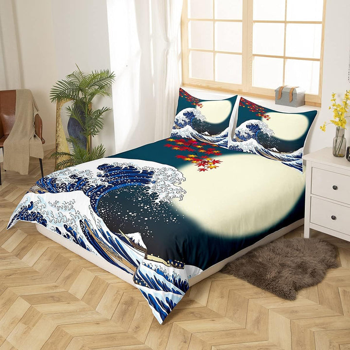 Loussiesd Japanisches Hokusai Muster Bett Set Exotisches Bettbezug Set im japanischen Stil Blue Wave