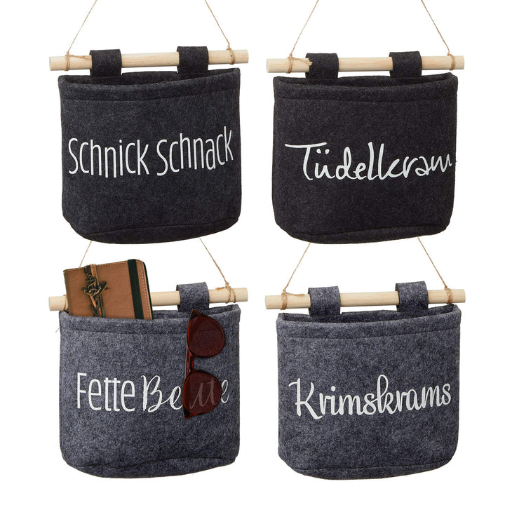 Aufbewahrungstasche 4er Set aus Filz│Hängekorb grau, anthrazit │Krimskrams, Fette Beute, Tüdelkram,