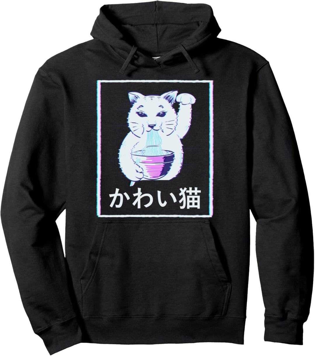 Maneki Neko Cat Japanische Ramen Vaporwave Aesthetic Pullover Hoodie