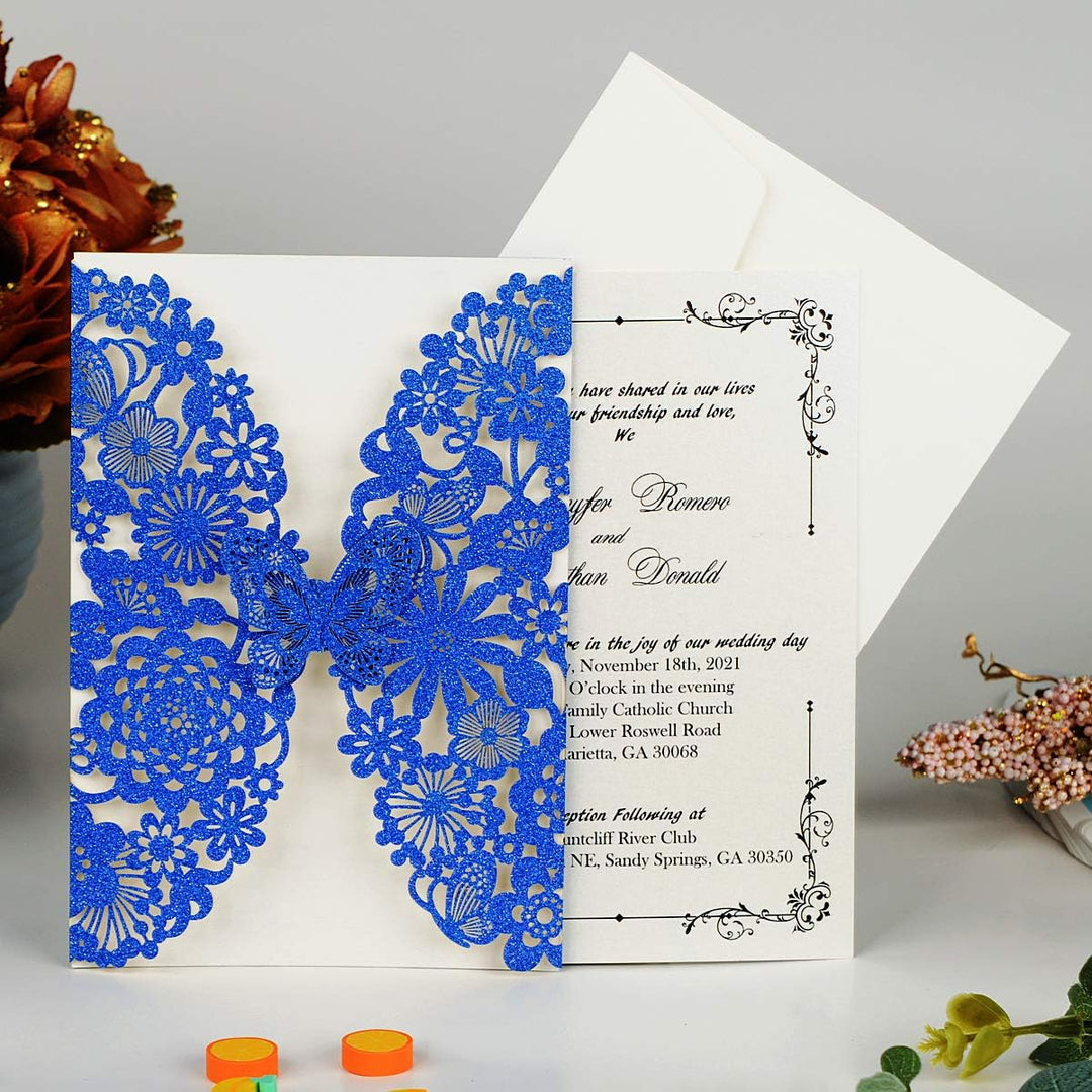 Hosmsua 20x Blau Glitzer Laserschnitt Spitze Flora Hochzeit Einladungskarten mit Schmetterling und U