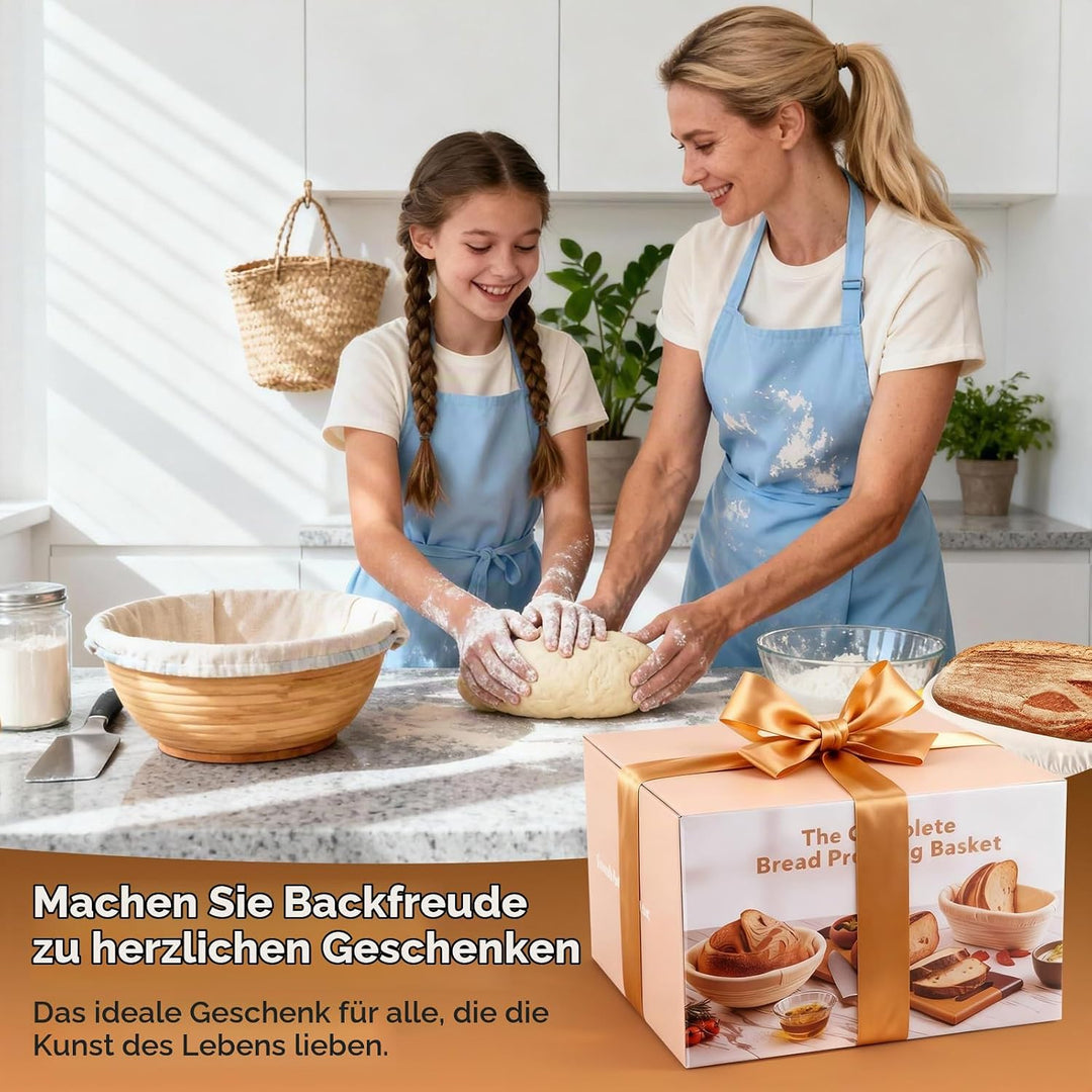 Sauerteig Set 21-teilig mit 2 Gärkörbchen &amp; Glas – Komplettes Brotbackzubehör inkl. Gärkorb Rattan,