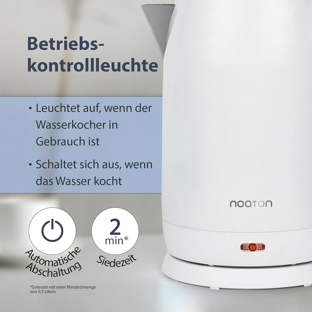 Noaton K1W Basic, Elektrische Wasserkocher, Kapazität 2L, Doppelwand-Design, Edelstahl, 1500 W, Leis