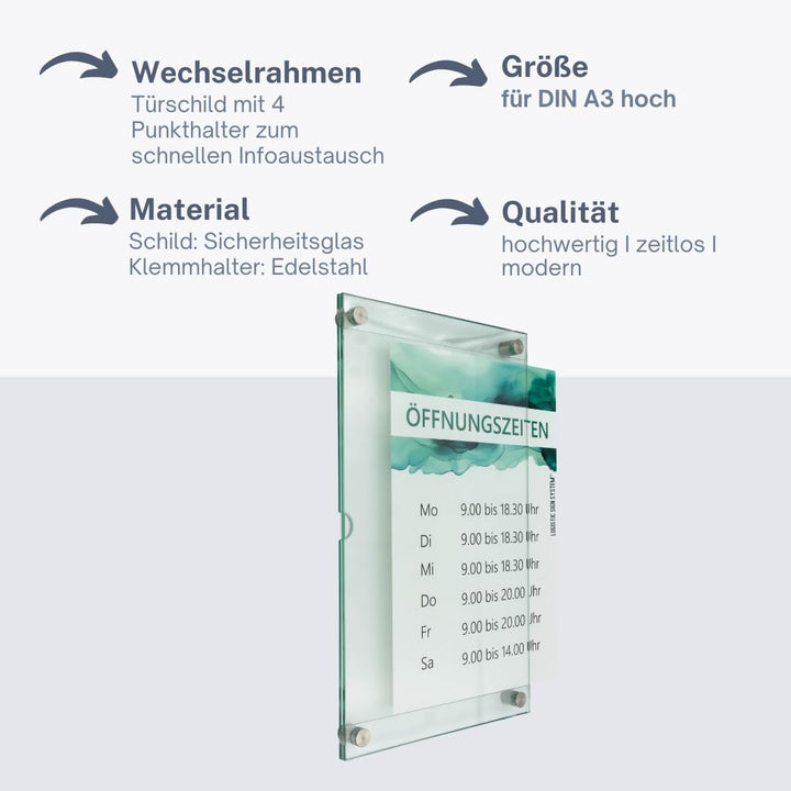 Wechselrahmen, schnelles austauschen von Informationen in DIN A3 Hochformat, Rahmenloses Sicherheits