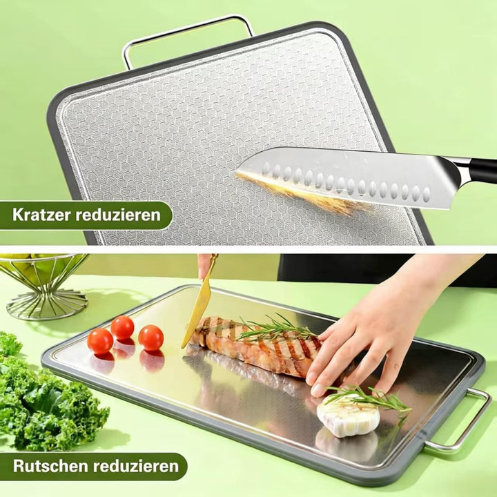 Doppelseitiges Edelstahl-Schneidebrett für die Küche, rostfreies Cutting Board mit Saftnut auf beide