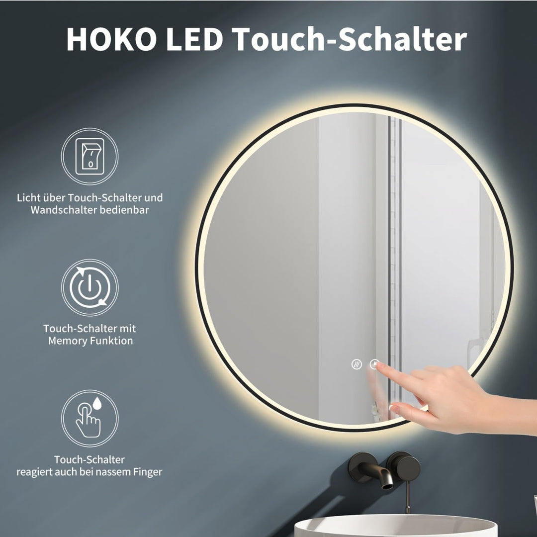 HOKO Design ANTIBESCHLAG Badspiegel rund 60 cm mit Metall Rahmen Matt Schwarz. Runder Bad Wandspiege