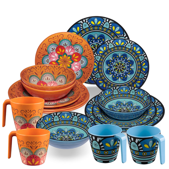 Melamin Geschirr Set Toskana Pastel 4 Personen 16 Teile Camping Picknick 16 Teile - Tassen, 16 Teile