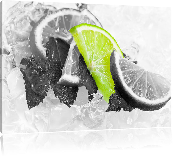 Minze mit Limetten im Eis schwarz/weiss Format: 100x70 auf Leinwand, XXL riesige Bilder fertig gerah