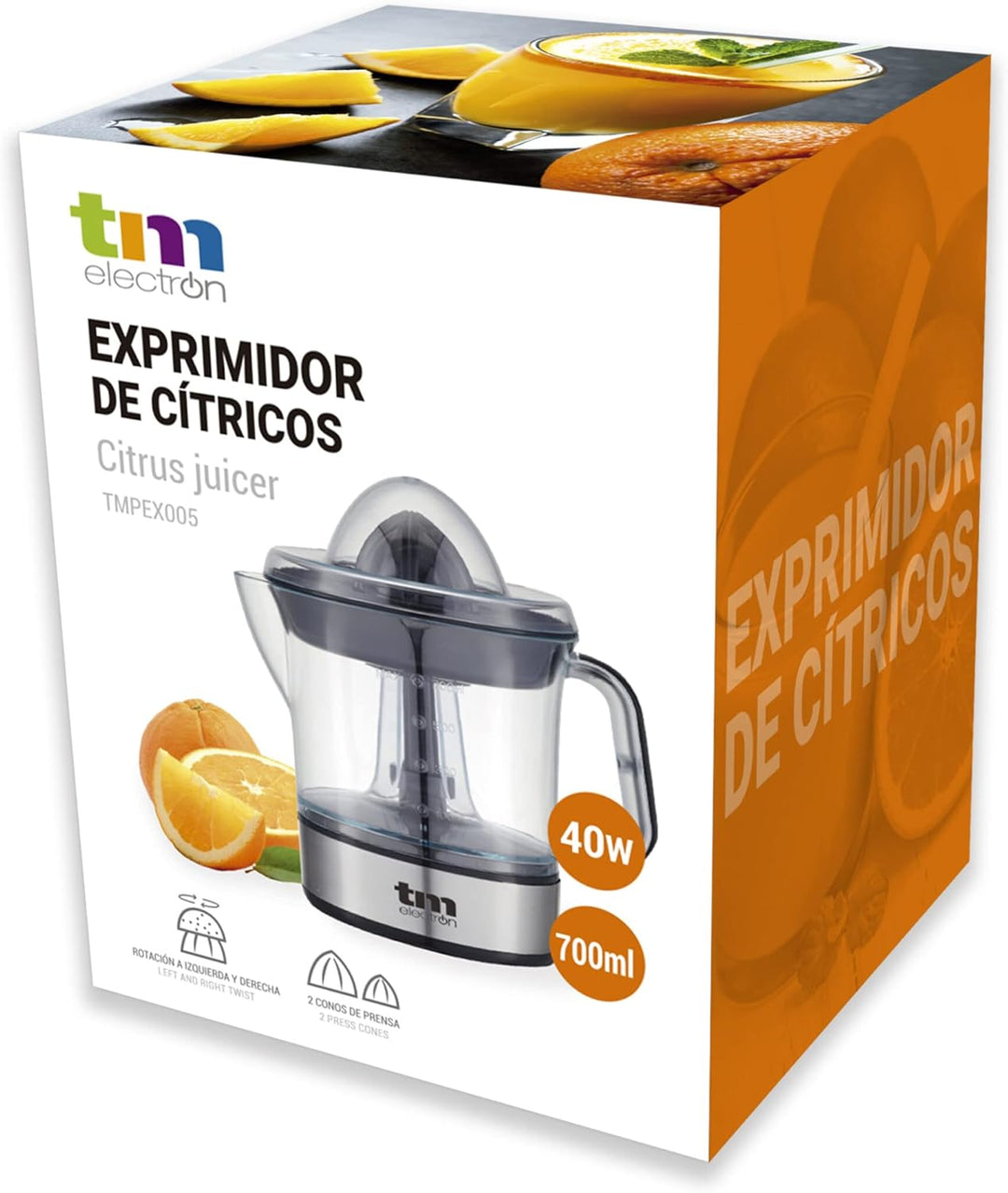 TM Electron TMPEX005 Elektrische Zitruspresse mit Krug 700 ml, 2 Presskegel, einstellbarer Fruchtfle