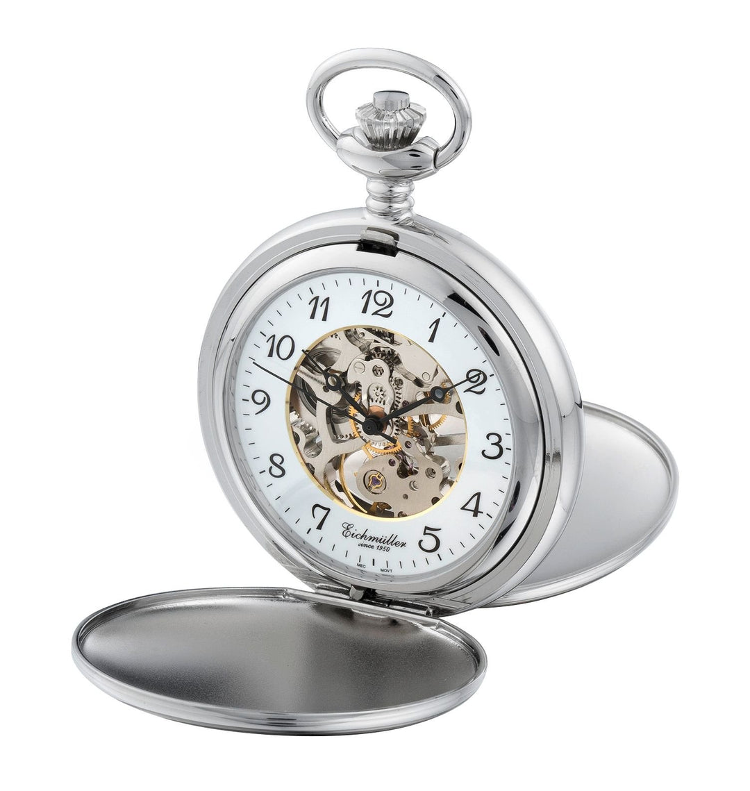 Eichmüller Taschenuhr mechanisch Doppeldeckel teilskeletttiert beiseitig aufklappbar Silber, Silber