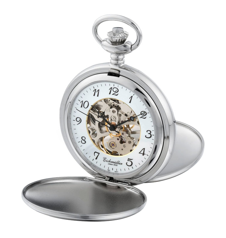 Eichmüller Taschenuhr mechanisch Doppeldeckel teilskeletttiert beiseitig aufklappbar Silber, Silber