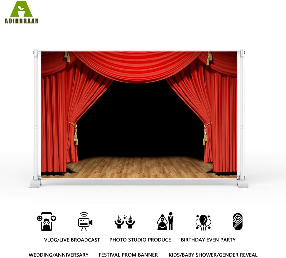 Aoihrraan 3x2m Theater Bühne Hintergrund Rot Vorhänge Rustikal Vintage Holz Boden Bühne Fotografie H