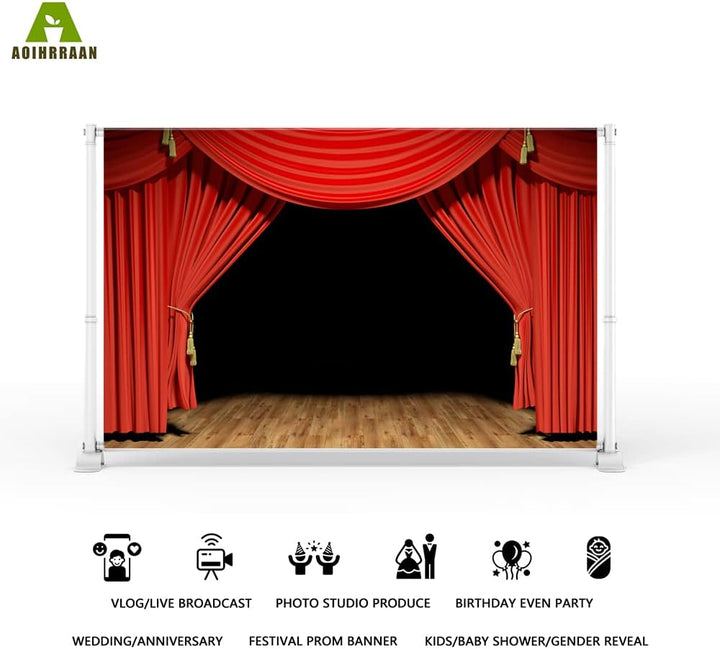 Aoihrraan 3x2m Theater Bühne Hintergrund Rot Vorhänge Rustikal Vintage Holz Boden Bühne Fotografie H
