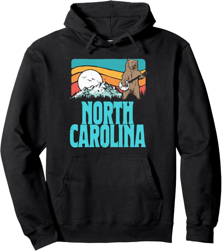 North Carolina Mountains Bluegrass Banjo Bear Funny Graphic Pullover Hoodie