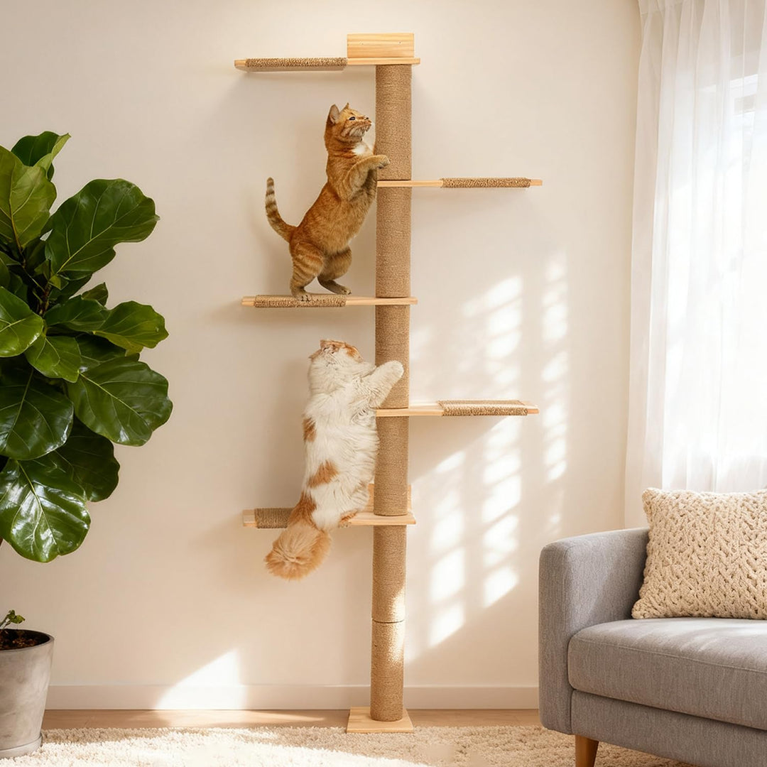 Kratzbaum Gross 205cm Kletterwand Katzen, höhenverstellbar, 5 Etagen Katzenturm mit Sisalauflage aus