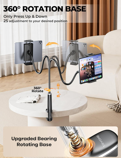 Tryone Schwanenhals Tablet Halterung Bett: Tablet Halter 360°Drehbarer Sockel mit 2 Clips Handyhalte