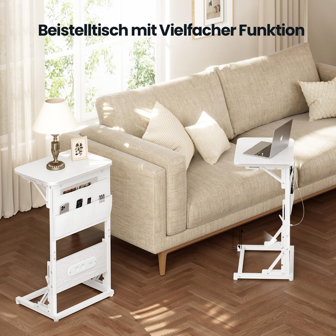 Beistelltisch C Form, Klappbarer Sofatisch mit Steckdosen, Höhenverstellbar Couchtisch mit Metallrah