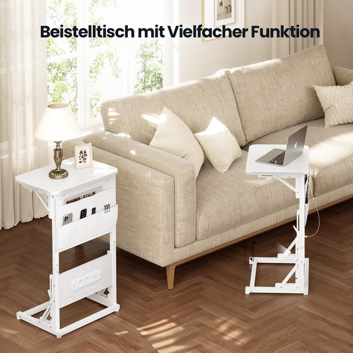 Beistelltisch C Form, Klappbarer Sofatisch mit Steckdosen, Höhenverstellbar Couchtisch mit Metallrah