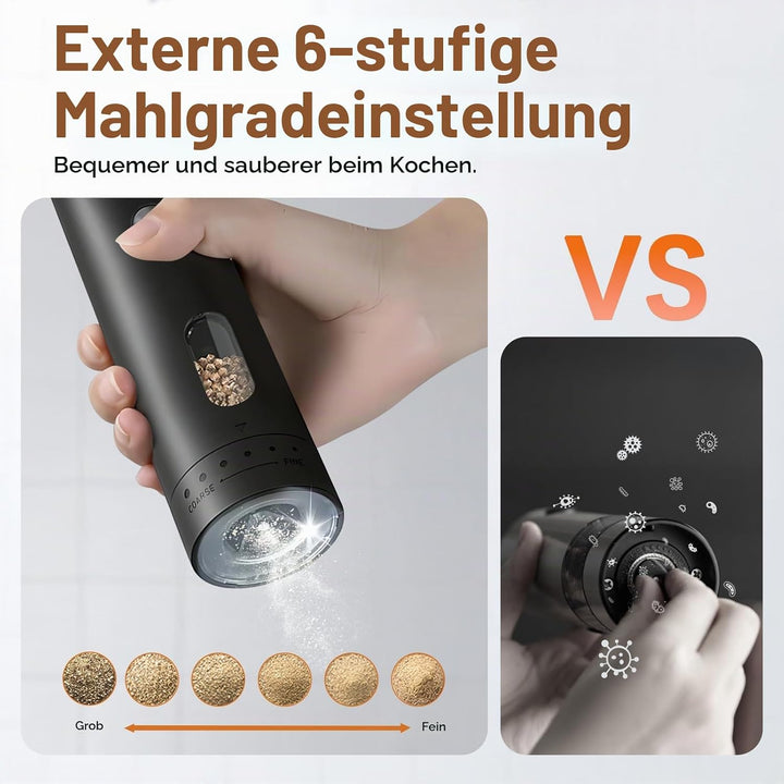 Elektrische Pfeffermühle USB-aufladbar, Automatische Salz Pfeffermühle mit Grossem Fassungsvermögen