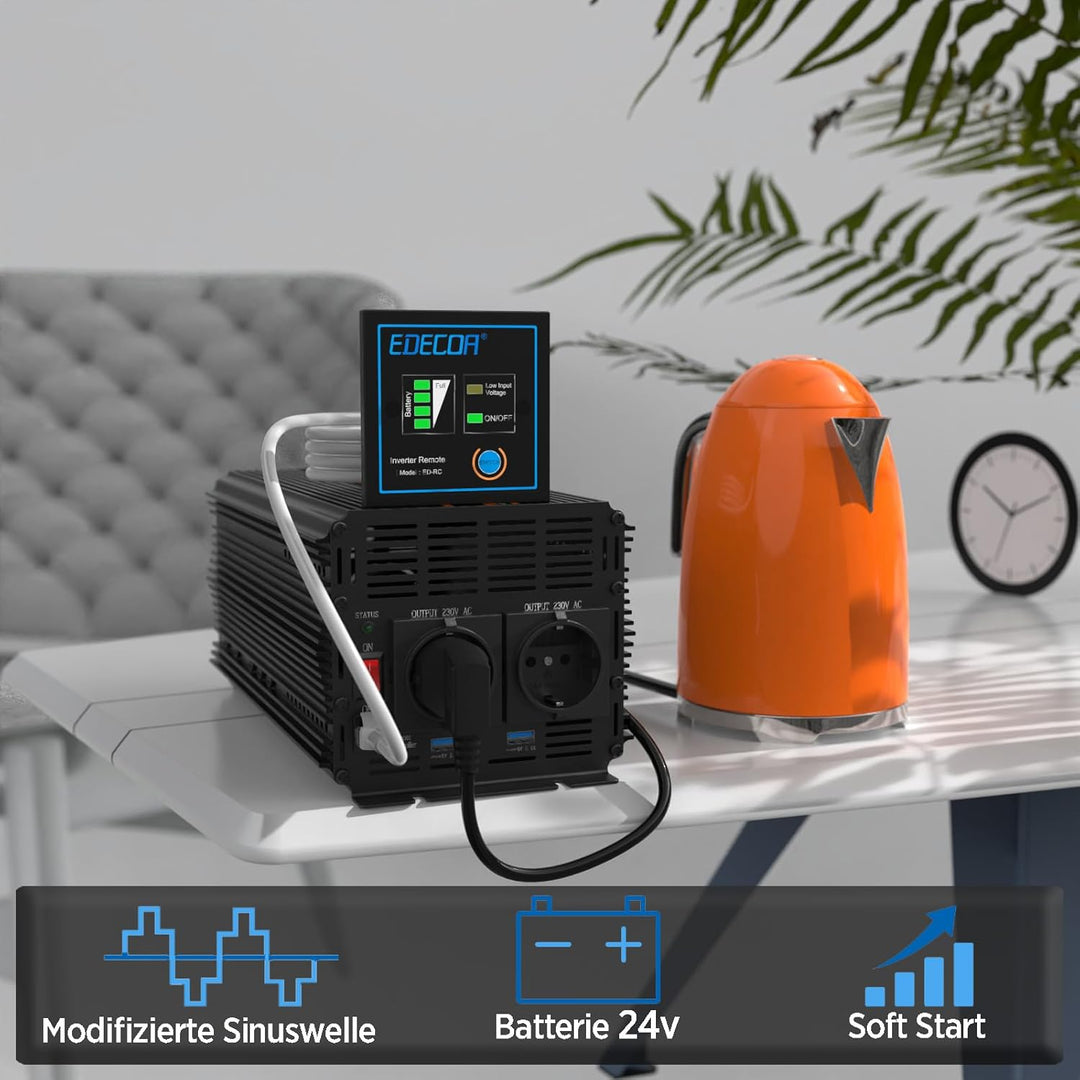 EDECOA Wechselrichter 2000w 24v 230v Spannungswandler mit Neuer Fernbedienung 2X USB und Bildschirm