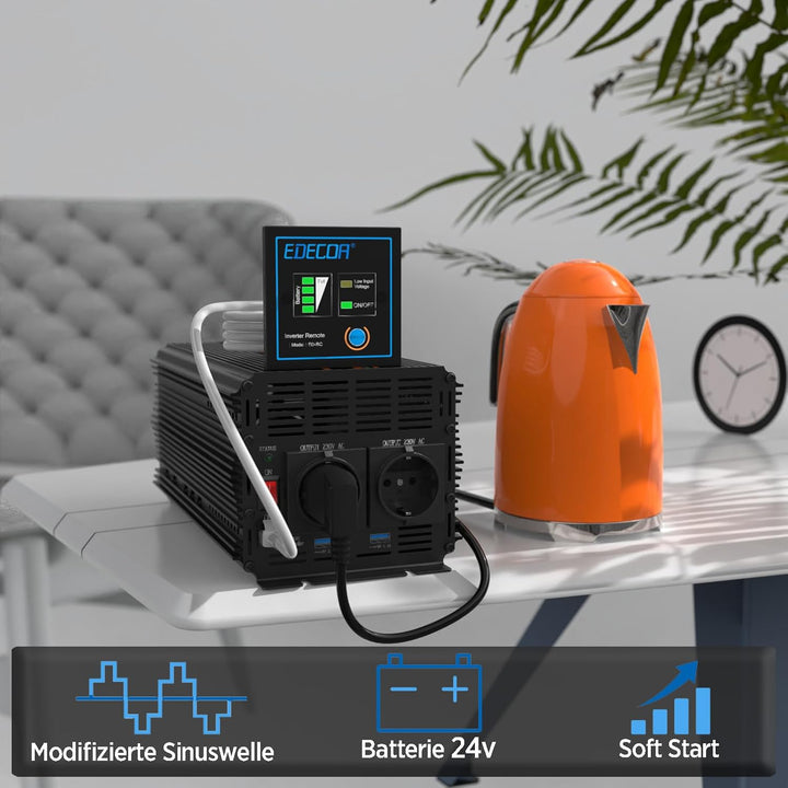 EDECOA Wechselrichter 2000w 24v 230v Spannungswandler mit Neuer Fernbedienung 2X USB und Bildschirm