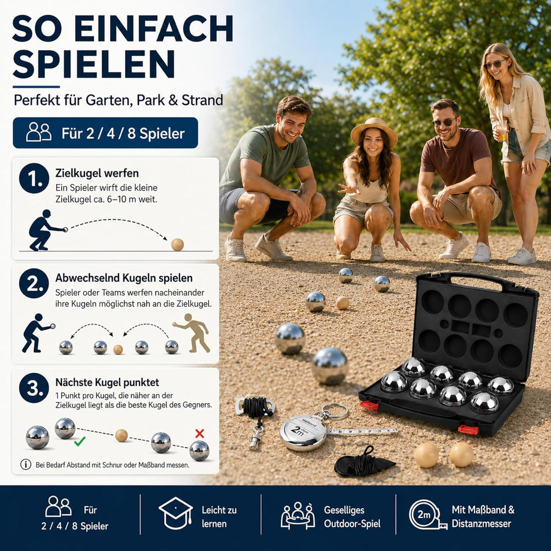 Boule Set, Boccia aus Metall mit Holzkugeln, Messseil, Rollbandmass, Magnet-Kugelsammler & Aufbewahr