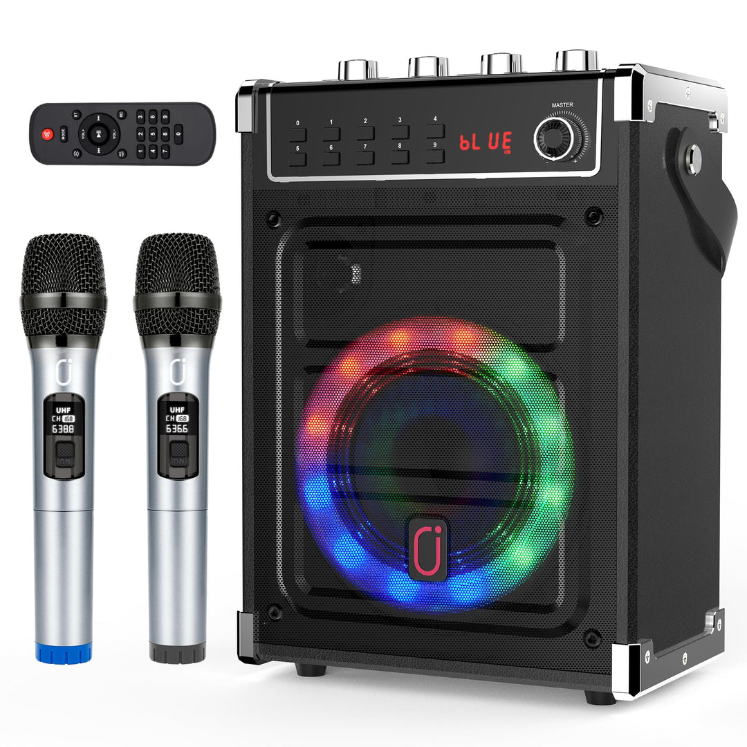 JYX Karaoke-Maschine mit 2 UHF-Funkmikrofonen, Bluetooth-Lautsprecher mit Bass-/Höhen-Einstellung un